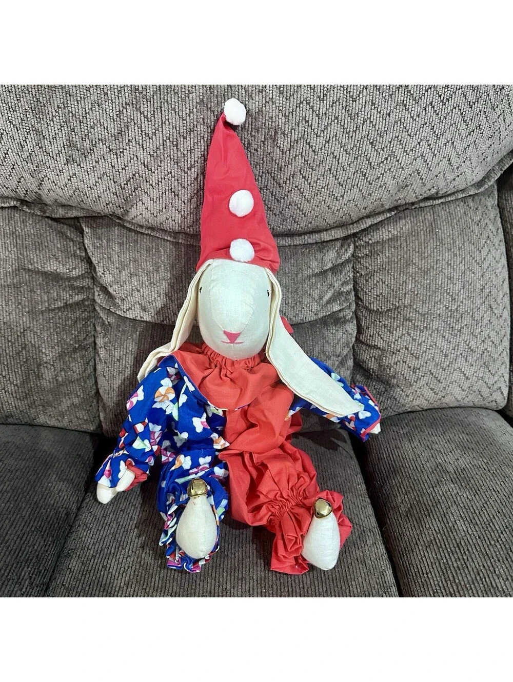 Vintage Floppy Ear Bunny Rabbit Stuffed Doll Christmas Fabric 14” Handmade CUTE!